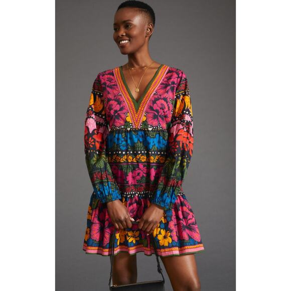 Farm Rio Anthropologie Bright Floral Cotton Mini V-Neck Puff Sleeve Dress Medium - Picture 1 of 7